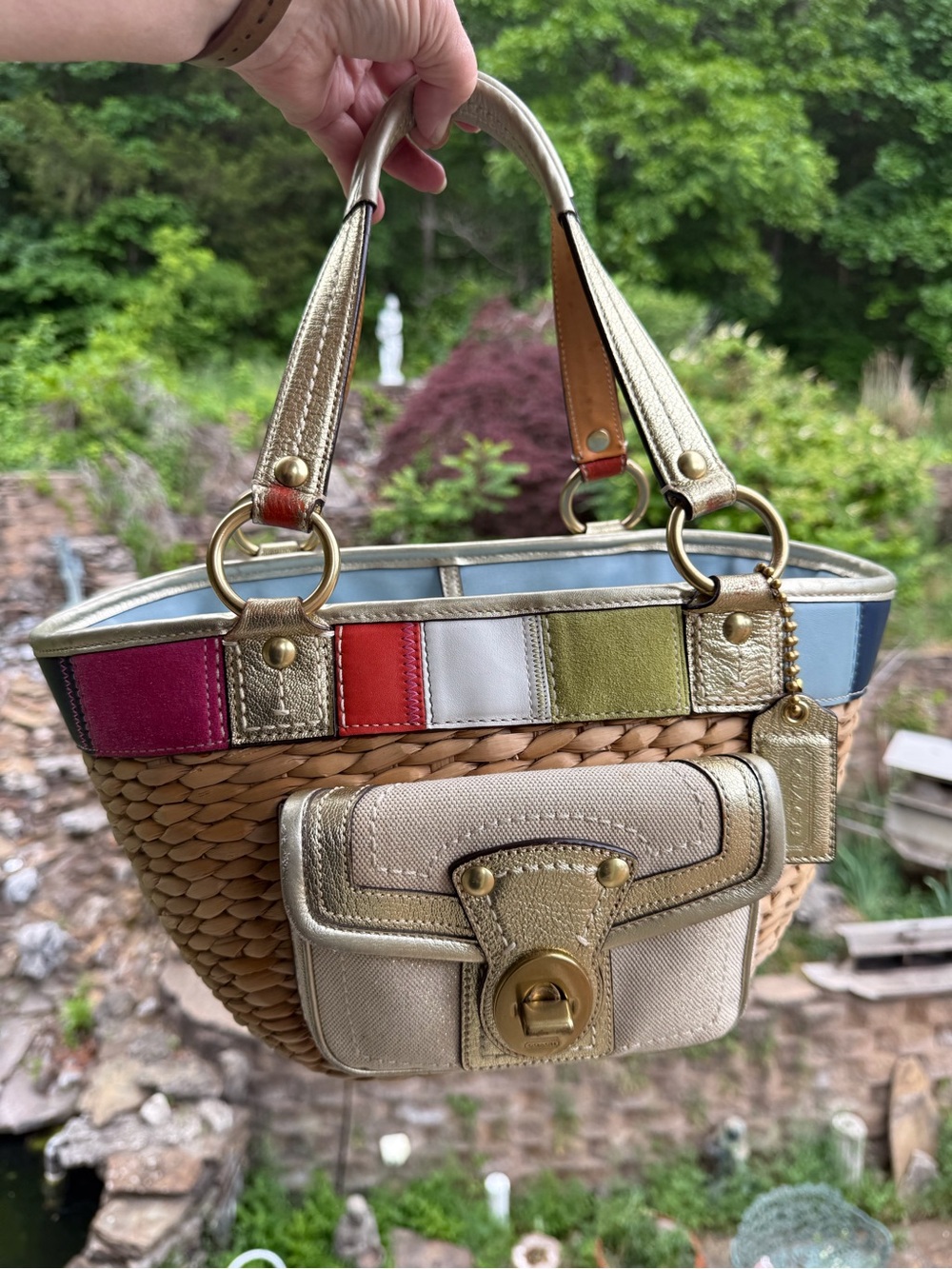 Coach Straw Patchwork Tote with Gold‎ Trim and Multicolor Suede Panels